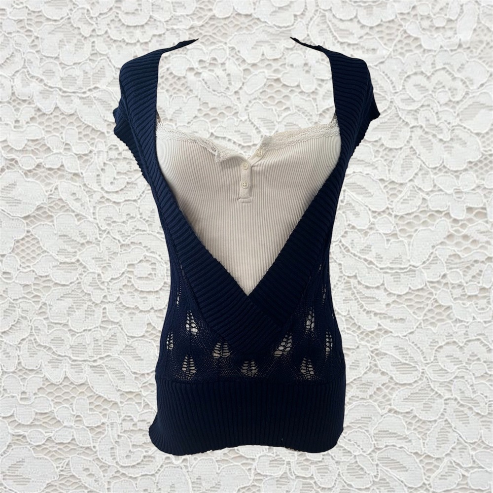 vintage navy blue open knit sweater vest top